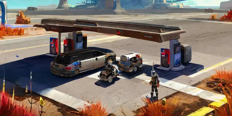 Desert, A Gas Station In The Desert, A Minivan Fueling Up At...