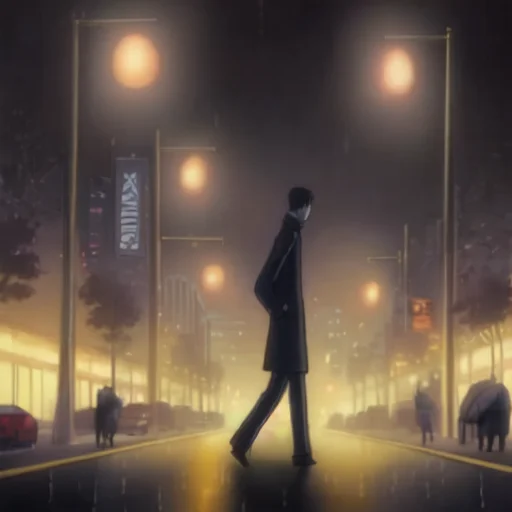 A Middle Aged Man Walking Down The Street At Night In The Ra...