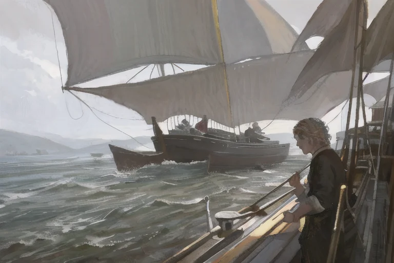 A Painting Of A Man Standing On A Boat In The Water With A P...