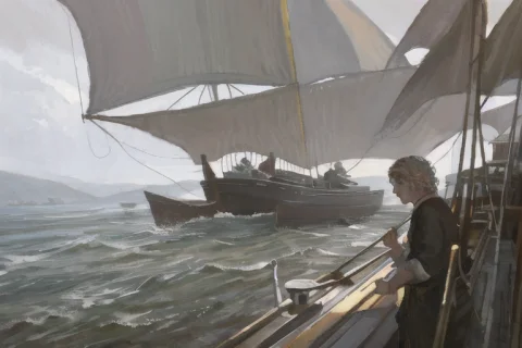 A Painting Of A Man Standing On A Boat In The Water With A P... — Stable Diffusion AI Prompt: a painting of a man standing on a boat in the water with a person standing on a...