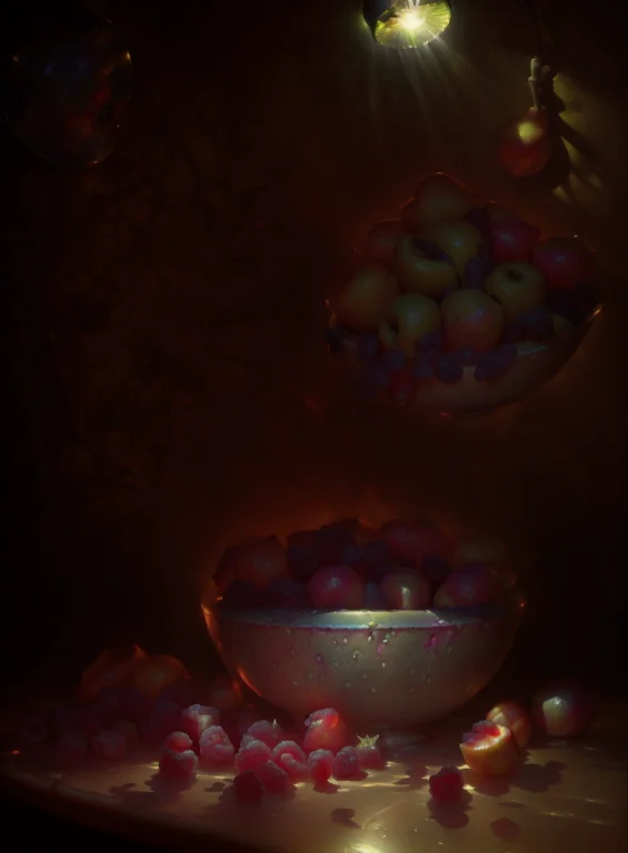 Bowl Of Fruit On A Table, Dramatic Lighting, Flonixapterus