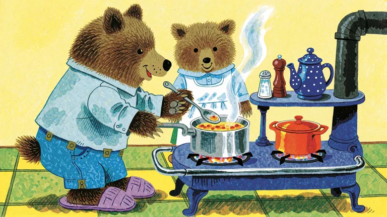 A Brown Bear In A Red Shirt And Blue Pants, Wearing Purple S...