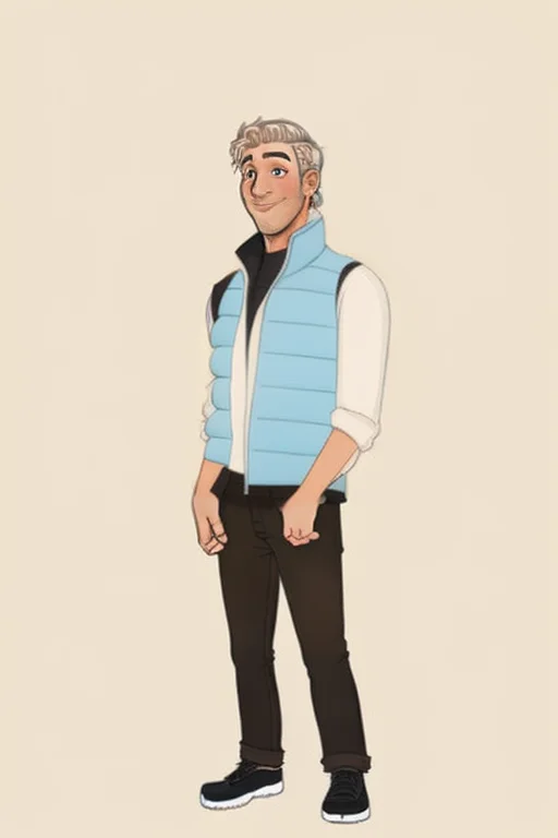 A Man Wearing A Blue1.1 Puffy Vest, Coralchar Style