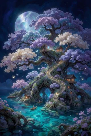 An Enormous Ancient Tree Rises From The Center Of A Crystal...