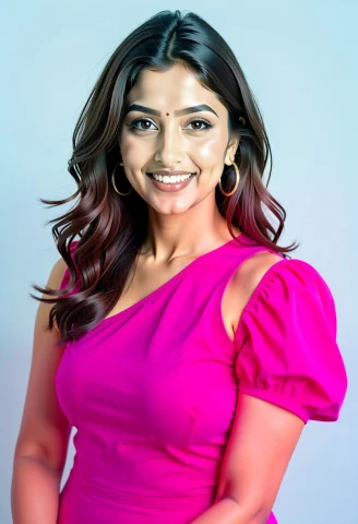 Medium Portrait Of A South Asian Woman With A Friendly Smile... — FLUX AI Prompt: Medium portrait of a South Asian woman with a friendly smile, posing against a p...