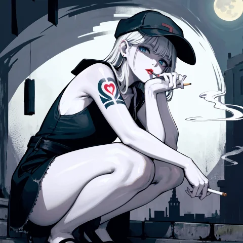 Masterpiece1.2, Girl, Night, Damp Street, View From Below, A... — Stable Diffusion AI Prompt: (masterpiece:1.2), girl, Night, damp street, view from below, arm tattoo, (smoki...
