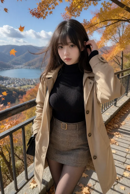 秋日晴朗的午后，山顶观景台的石板步道上，一位二十岁出头的东亚...