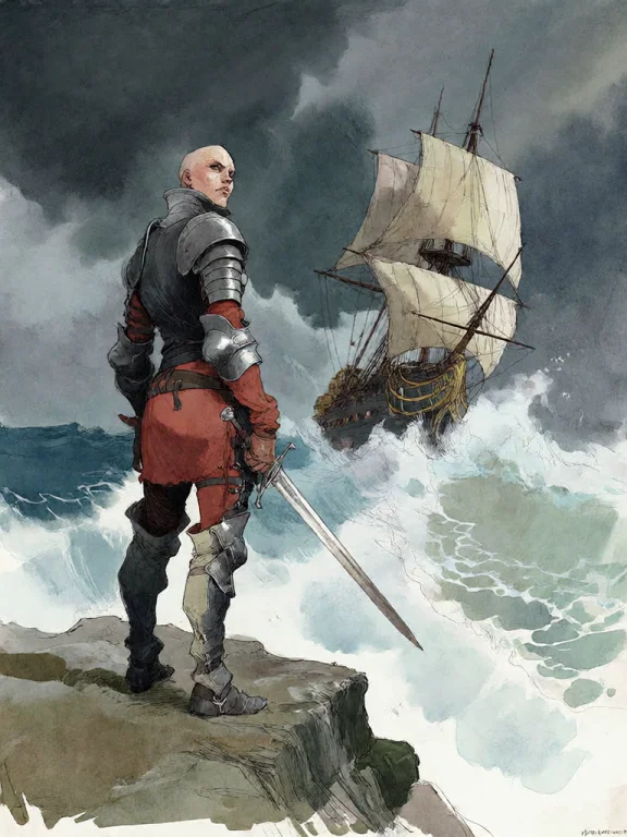Bradhamel Art Style. A Lone Armored Warrior With A Sword At...