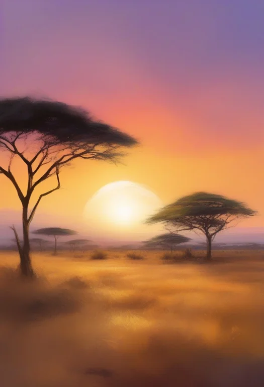 Vast Savanna Dotted With Acacia Trees, Expressive Brushwork,...