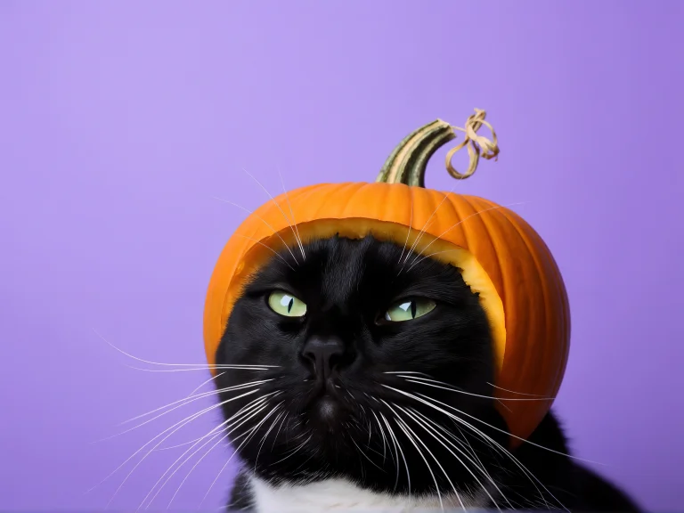Black Cat Wearing Pumpkin Hat Purple Background Photorealist...