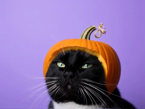 Black Cat Wearing Pumpkin Hat Purple Background Photorealist... — Stable Diffusion AI Prompt: 🎃 black cat wearing pumpkin hat purple background photorealistic portrait Not a...