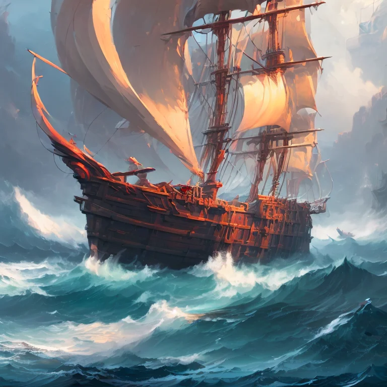 A Pirate Ship At Sea Under A Heavy Storm With Giant Crashing...