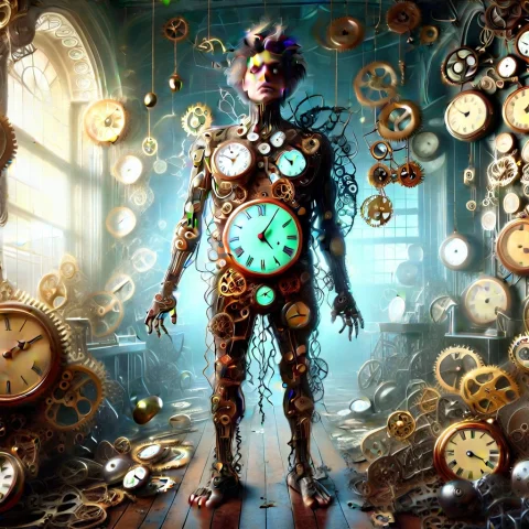 A Disheveled Victorian Time Traveler Waking Up Inside A Giga... — SDXL AI Prompt: A disheveled Victorian time traveler waking up inside a gigantic malfunctioning...