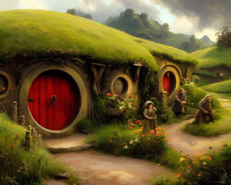 Row Of Hobbit Homes By Laxpeintv2, A Hobbit Couple Stand Out...