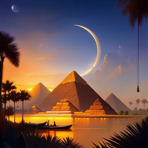 Night Landscape Of Nile River, Pyramid, Moon And Stars In Th...