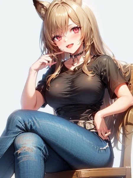 1girl,cowboy Shot,ceobehead,jeans,t-shirt,sitting,chair,cros...