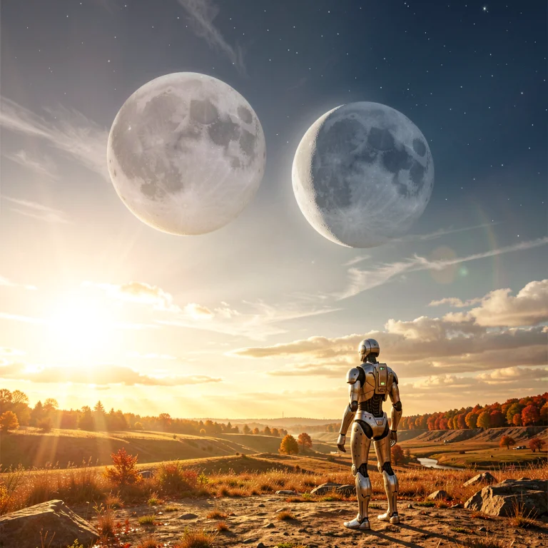 A Lone Android Watching Two Moons Rise, Harsh Midday Sun, Wi...