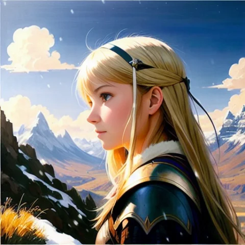 Knight Girl Without Helmet, Very High Resolution, Snow Mount... — Stable Diffusion AI Prompt: Knight girl without helmet, very high resolution, snow mountains, staying on mou...