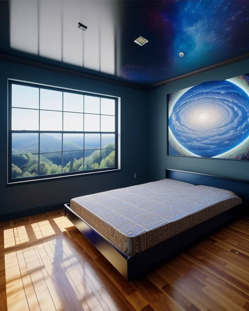 An Ultra Wide Angle Photo Of A Bed Hovering Above The Floor...