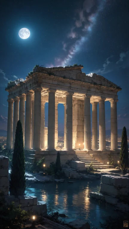 Majestic Night View Of The Acropolis In Athens Under A Littl...