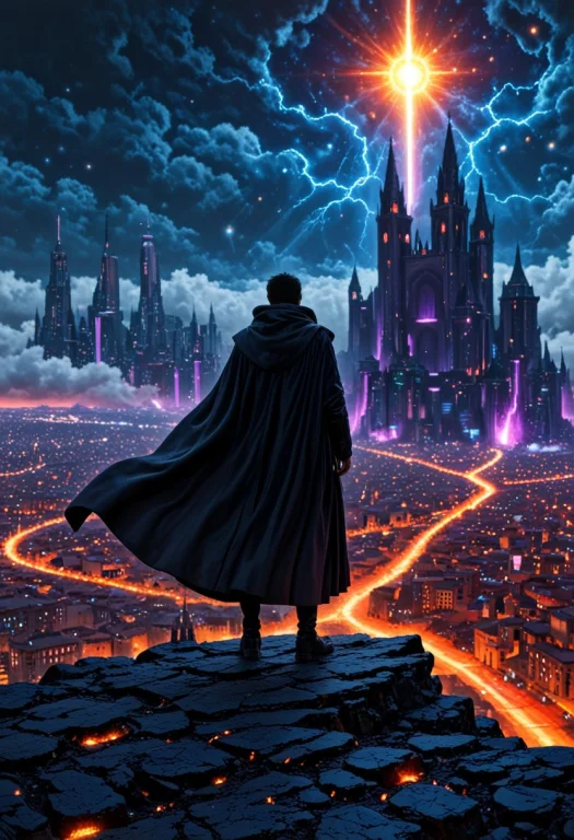 A Solitary Silhouetted Figure Overlooking A Gothic Floating...