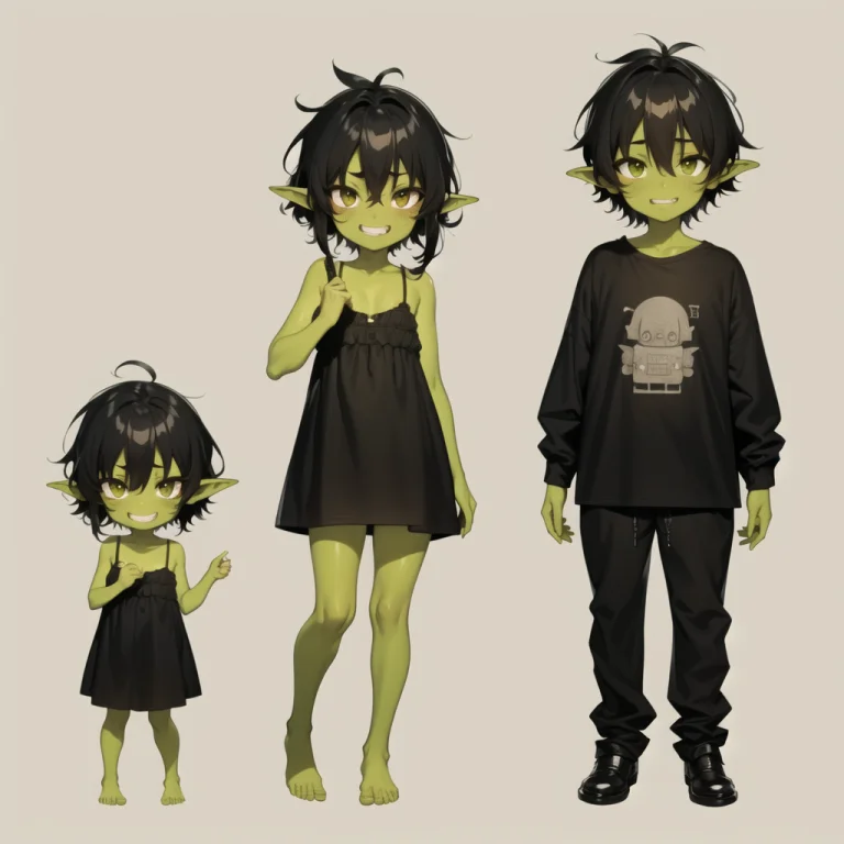 Cute Face, Goblin, Black Hair, Full Body, Green Skin, Old Cl...