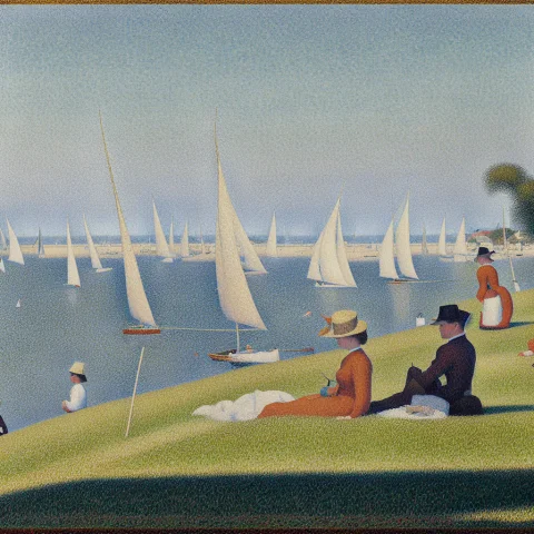 A Painting Of Sailboats In The Sea With Many People Sitting... — Stable Diffusion AI Prompt: a painting of sailboats in the sea with many people sitting on a grass field in...