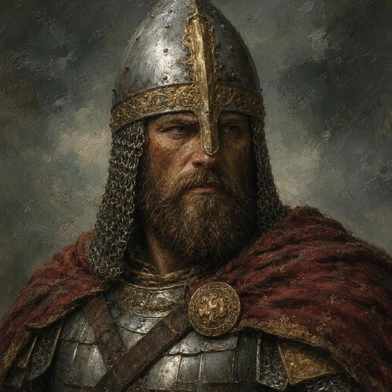 A Stern, Battle-worn Medieval Warrior Shown In A Tightly Fra...