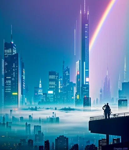 Cyberpunk Cityscape With Rainbow Haze Fog Fantasy Background... — Stable Diffusion AI Prompt: cyberpunk cityscape with rainbow haze fog fantasy background by Eyvind Earle and...
