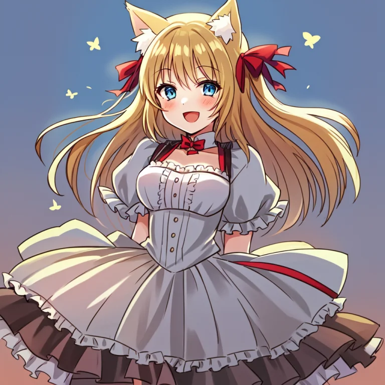 1girl, Solo, Catgirl, Cat Ears, D, White Dress, Blonde Hair,...