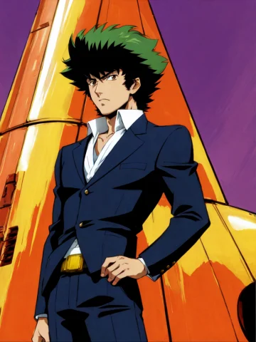 Cowboybebop, Spikespiegel Cowboy Bebop, Cowboybebop Style, S... — Stable Diffusion AI Prompt: cowboy_bebop, Spike_Spiegel \(cowboy bebop\), cowboy_bebop style, spaceship, shr...