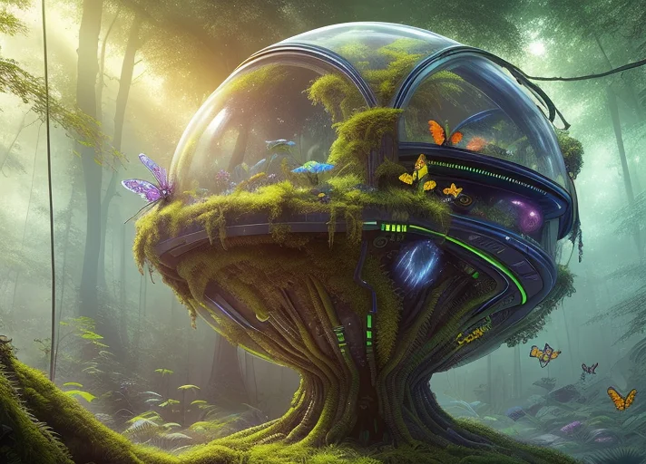 Spacesuit, A Spaceship Overgrown With Moss And Trees, An Ali...