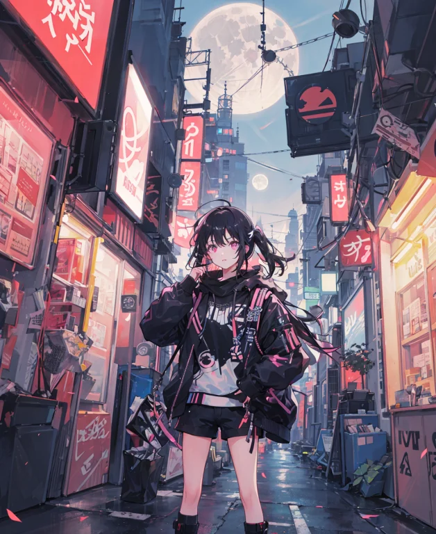 Masterpiece,1girl,solo,cyberpunk,cityscape, Full Moon, Neon...
