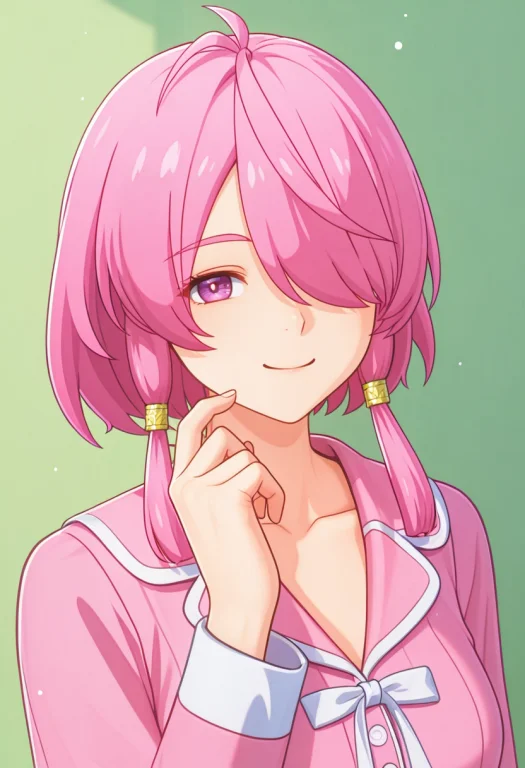 Loraaki1,solo,hair Over One Eye,smile,green Background,upper...
