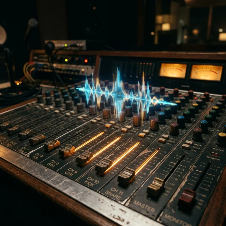 Close-up Of A Vintage Mixing Console In A Dark Recording Stu...