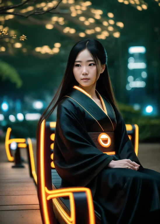 Adorable Woman Sitting On A Bench In A Japanese Park, Dynami...