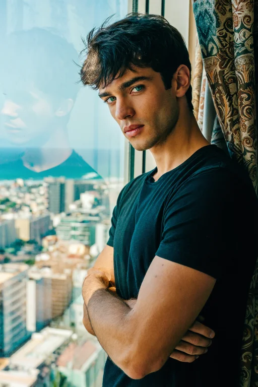 Photorealistic Portrait Of A 20-year-old Man Leaning Against...