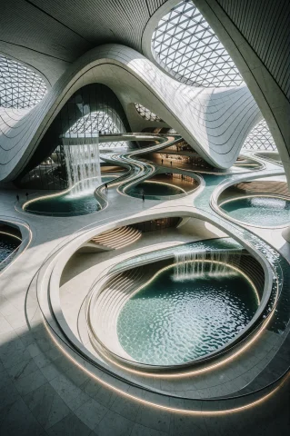 Interiorarchitectureshot, A Sprawling, Monumental Aquatic Pa... — Stable Diffusion AI Prompt: interior_architecture_shot, a sprawling, monumental aquatic pavilion and indoor...