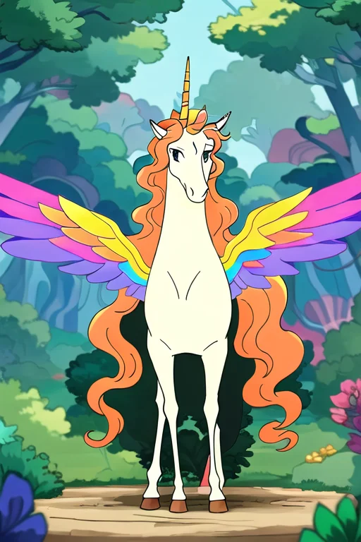 A Unicorn With A Rainbow Wings And Long Orange Hair, Standin...