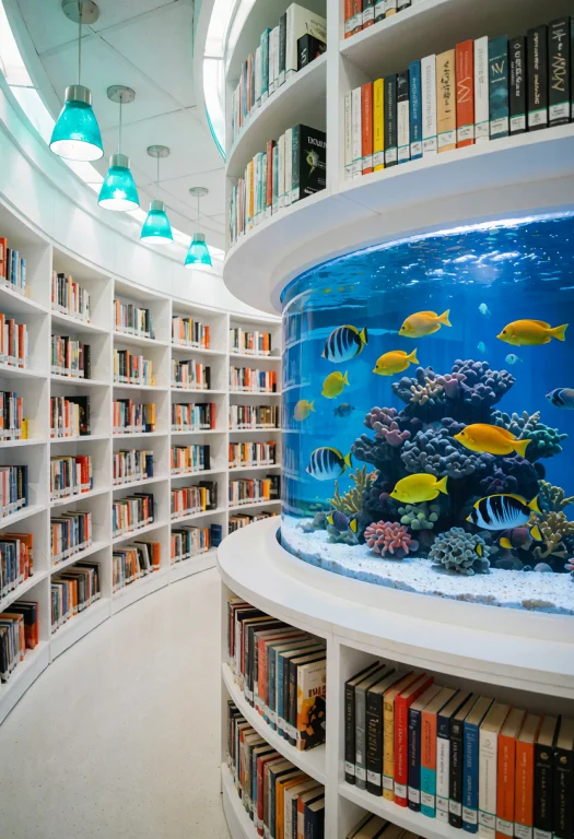 Frutiger Aero, A Bright White Library With Curved Bookshelve...