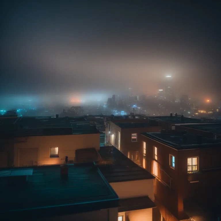 A Rooftop View Of A City Under Low Clouds, Bioluminescent Gl...