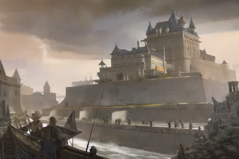 A Painting Of A Castle With A Lot Of Smoke Coming Out Of It...