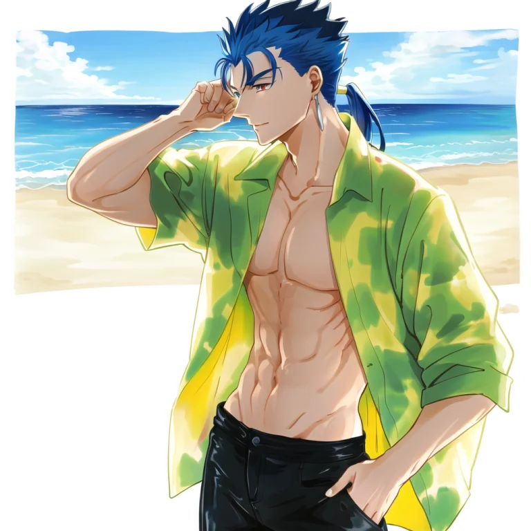 1boy, Blue Hair, Cu Chulainn Fate, Standing In The Beach, Al...