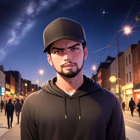 22yo Boy, Photorealistic, Black Hoodie And Cap, Beard, Grey... — Stable Diffusion AI Prompt: (22yo boy), (photorealistic), black hoodie and cap, beard, grey eyes, in the str...