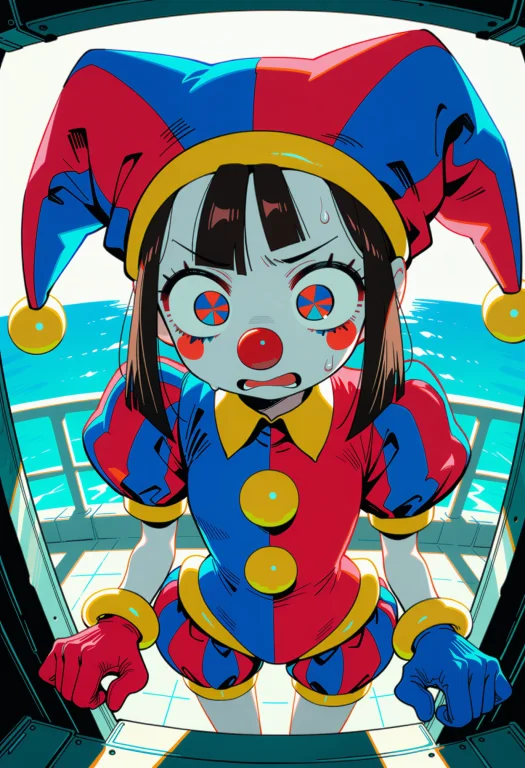 Masterpiece, Aerial Oblique Shot Of Pomni, A Clown Girl In A...