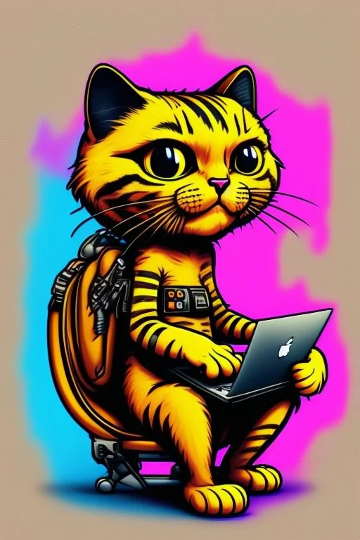 Anthropomorphic Cat Programmer With Laptop, Colorfull, Funny...