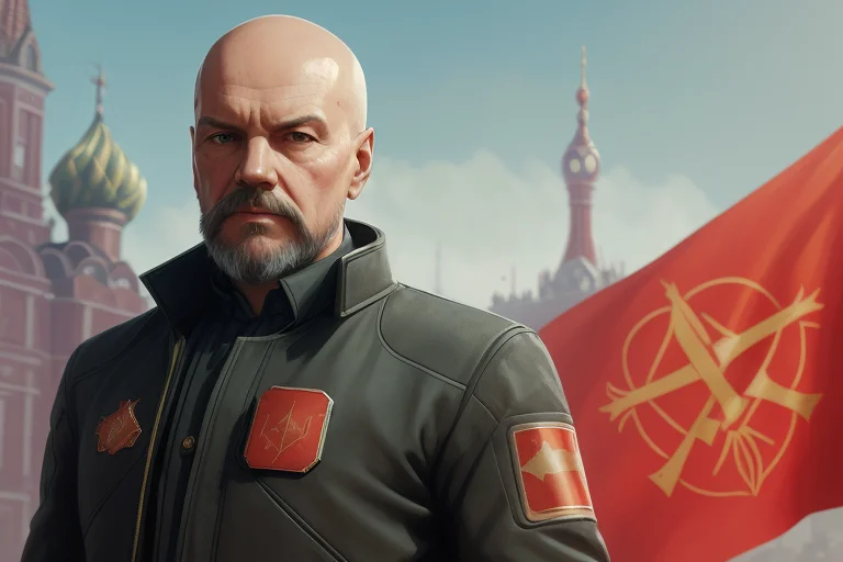 Lenin, Robosuit, Face, Bald, Beard, Red Square On Background...