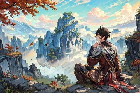 Zhongli Genshin Impact A Man Sitting On A Mountainpeak Facin... — Stable Diffusion AI Prompt: zhongli \(genshin impact\) a man sitting on a mountainpeak facing away, outdoors...