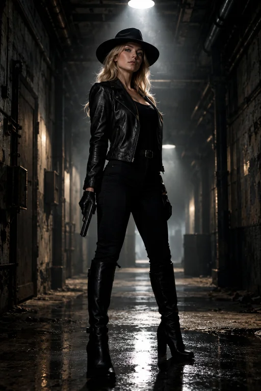 A Blonde Woman Stands Confidently In A Dark, Decaying Indust...