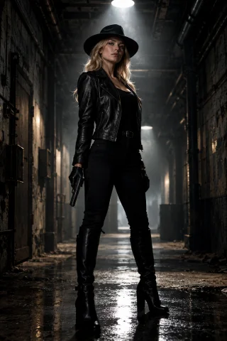 A Blonde Woman Stands Confidently In A Dark, Decaying Indust... — Stable Diffusion AI Prompt: A blonde woman stands confidently in a dark, decaying industrial corridor, dress...